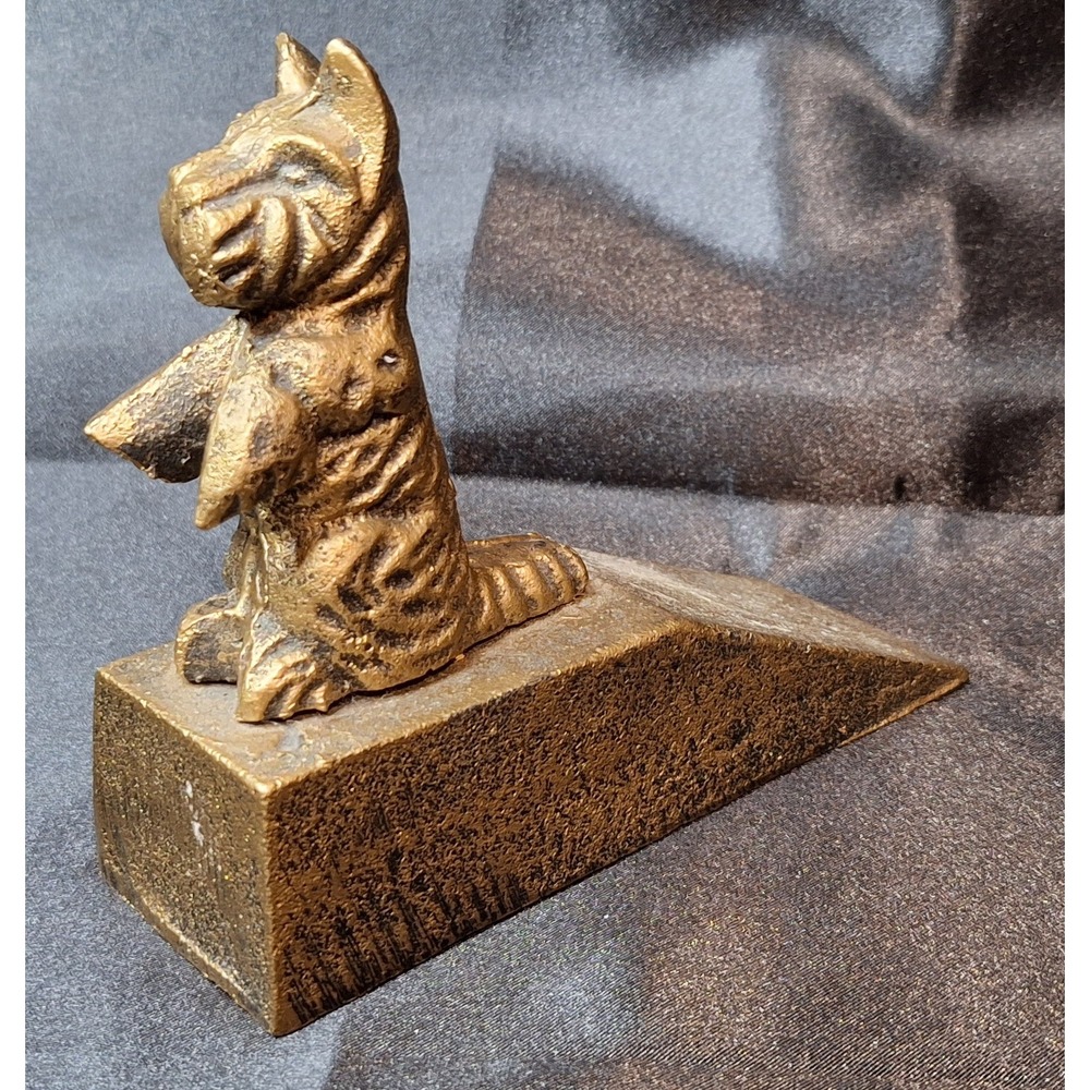 Vintage Cast Iron Scottie Dog Doorstop Gold Begging Scottish Terrier Heavy Wedge